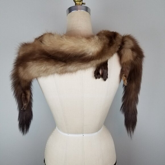 Vintage 1930's Full Mink Fur 3 Pelt Stole Scarf with Heads, Tails & Feet - Picture 5 of 12